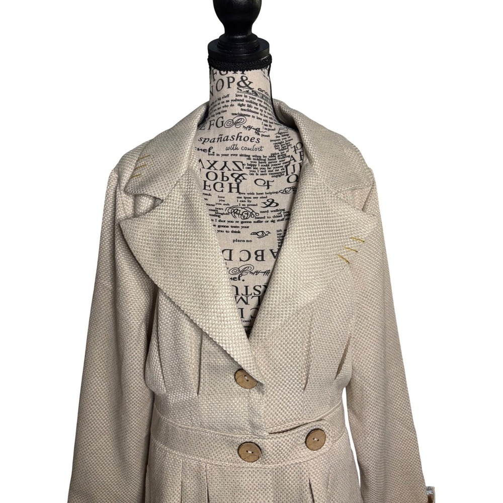 Cottagecore Beige Embroidered Floral Accents Pleated Belted Button Up Jacket